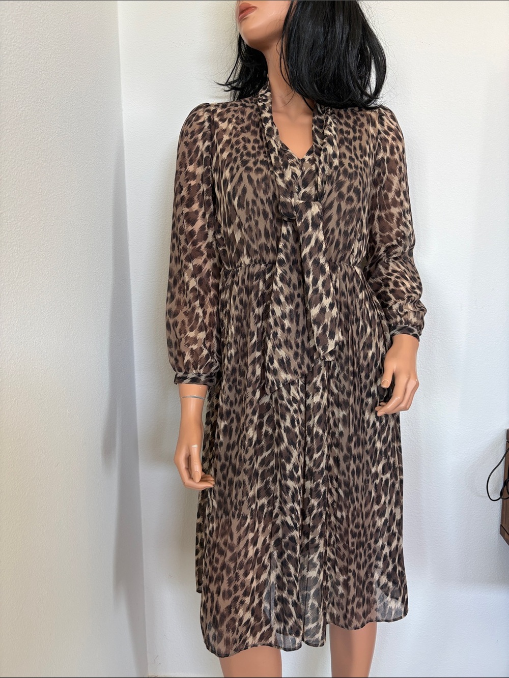 Banana Republic Leopard Print Long Sleeve Tie-Neck Midi Dress - Brown/Black